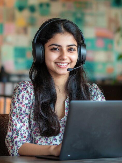 Mujer joven trabajando en una computadora portátil con auriculares