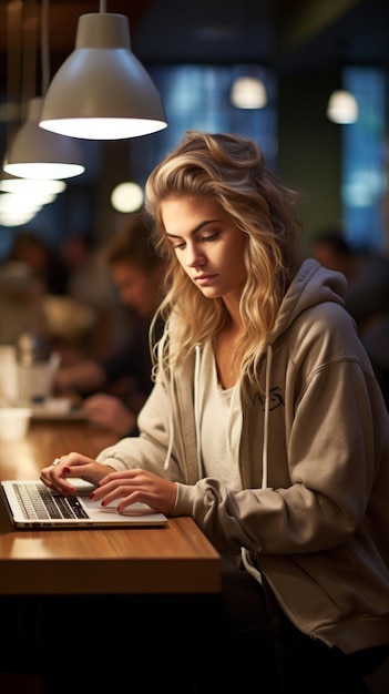 Mujer joven trabajando en una computadora portátil en un café