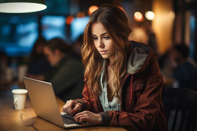 Mujer joven trabajando en una computadora portátil en un café