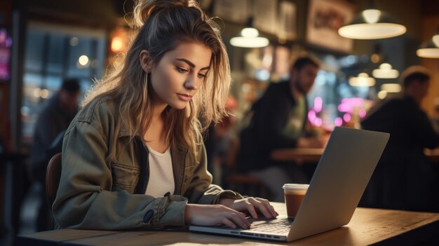 mujer joven trabajando en una computadora portátil en una cafetería mujer tatuada