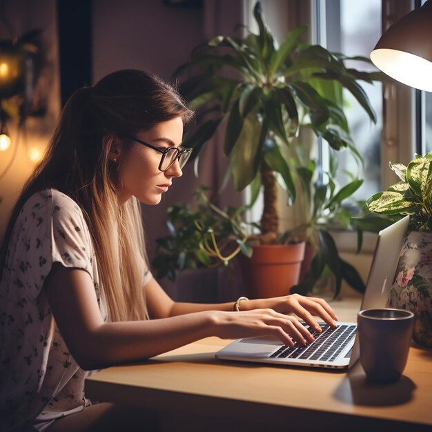 Mujer joven trabajando en una computadora portátil en casa