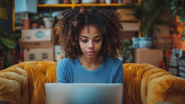 Mujer joven trabajando en una computadora portátil en casa