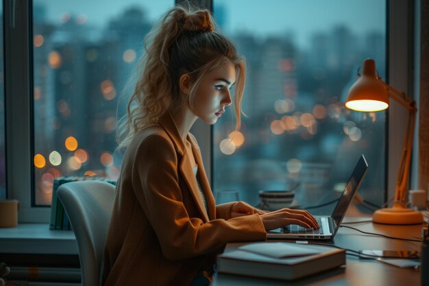 Mujer joven trabajando en la computadora portátil por la noche