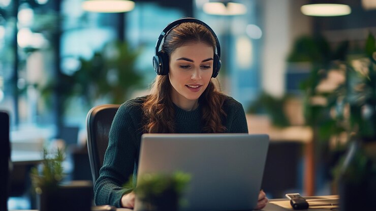Mujer joven trabajando en una computadora portátil en una oficina moderna rodeada de plantas durante el día