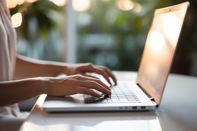 Mujer joven trabajando en la computadora portátil en la oficina