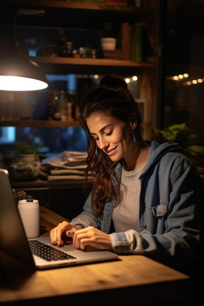 Foto mujer joven trabajando con una computadora portátil