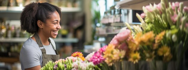 Foto mujer joven trabajando en una floristería.