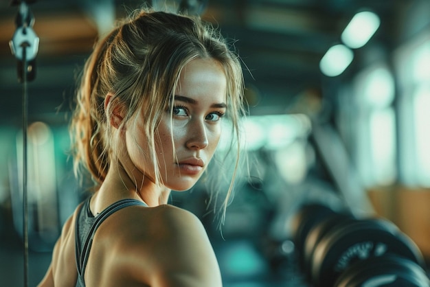 Una mujer joven trabajando en el gimnasio.