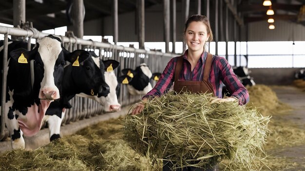 Foto mujer joven trabajando con heno para vacas en una granja lechera