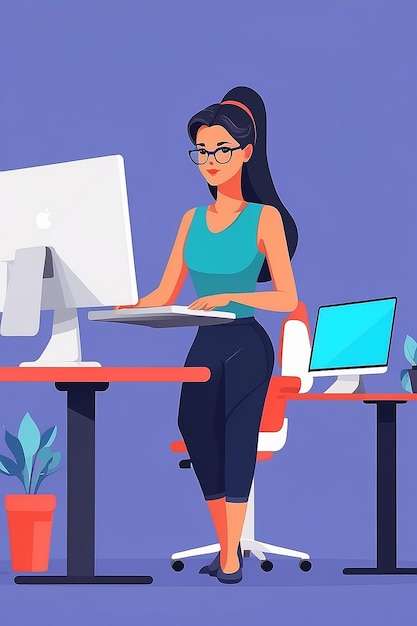 Mujer joven trabajando en la ilustración vectorial de computadora en estilo plano