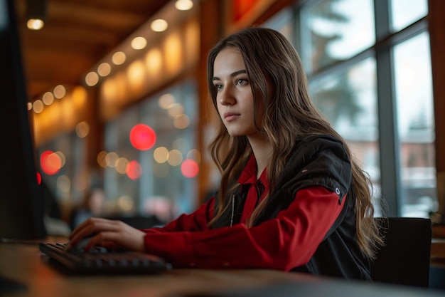 Mujer joven trabajando en la oficina con una computadora