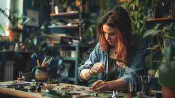 Foto una mujer joven está trabajando en una pieza de joyería en su estudio. está usando una variedad de herramientas y materiales, incluidas cuentas, alambre y pinzas.