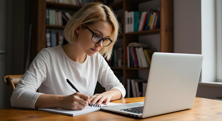 Mujer joven trabajando remotamente con portátil y portátil en una habitación llena de libros
