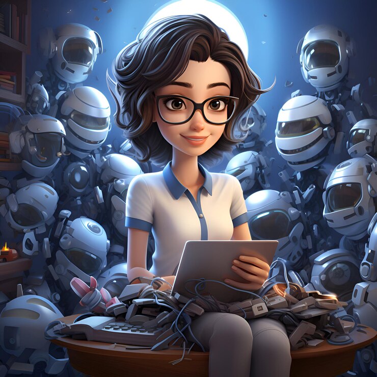 Foto mujer joven trabajando en una tableta en el espacio futurista 3d