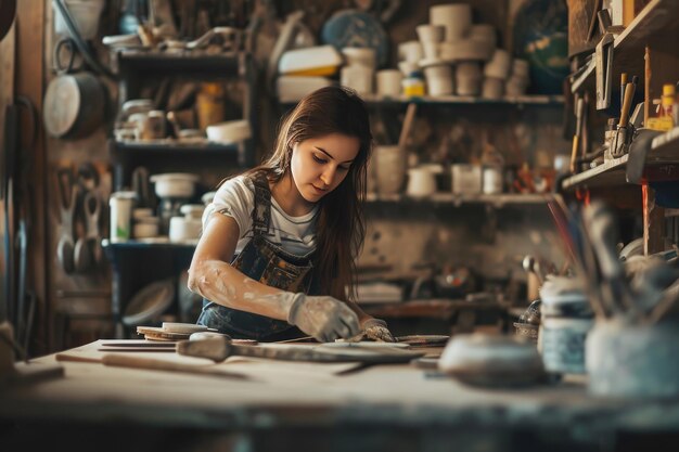 mujer joven trabajando en un taller