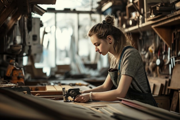 mujer joven trabajando en un taller