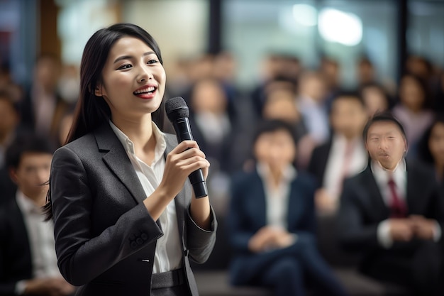 mujer joven en traje de negocios empresario profesional dando seminario delante de la audiencia