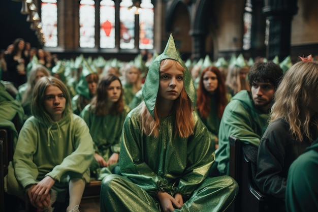 Mujer joven con un traje verde sentada en una silla en la iglesia Gente con ropa verde en St. AI Generado