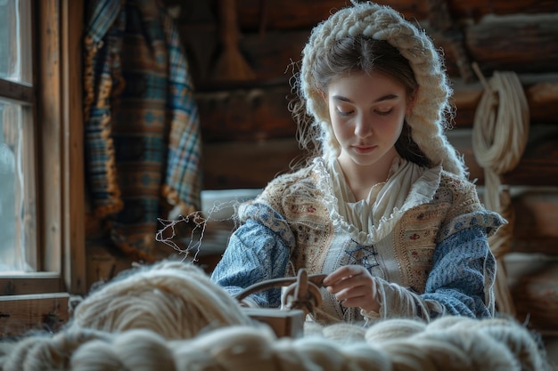 Foto una mujer joven con trajes coloniales hilando lana en una cabaña rústica