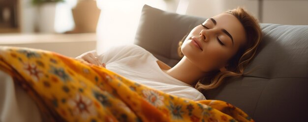 Foto una mujer joven tranquila durmiendo tranquilamente en un sofá acogedor en casa concepto sesión de fotos interior estilo de vida tranquilo decoración del hogar acogedora momentos de relajación