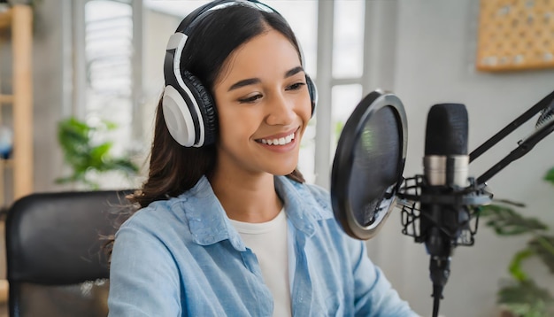 Una mujer joven transmitiendo un podcast.