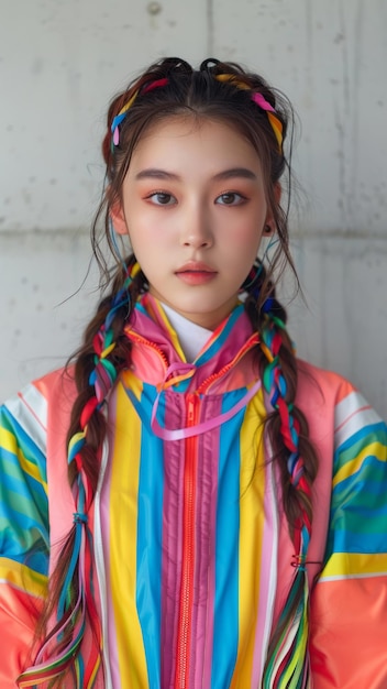 Foto mujer joven con trenzas de colores y chaqueta