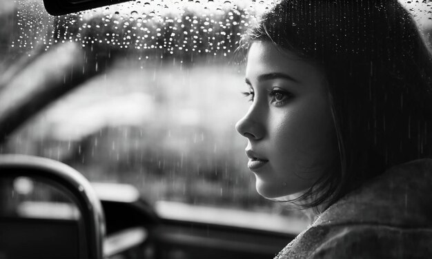 Foto mujer joven triste de pie cerca de la ventana en la lluvia blanco y negro ai generativo