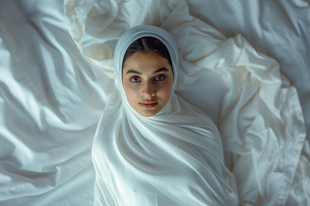 Mujer joven con túnica blanca y muselina