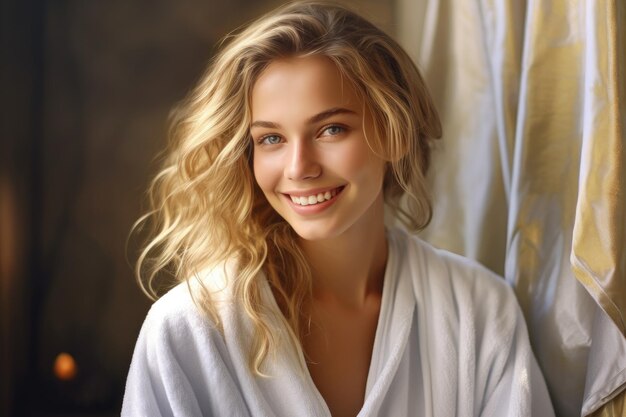 Mujer joven con túnica blanca sonriendo brillantemente en el interior
