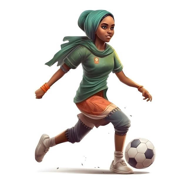 Mujer joven en turbante con balón de fútbol representación 3D aislada sobre fondo blanco