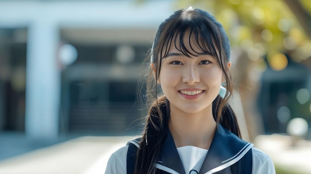 Una mujer joven con un uniforme escolar está sonriendo