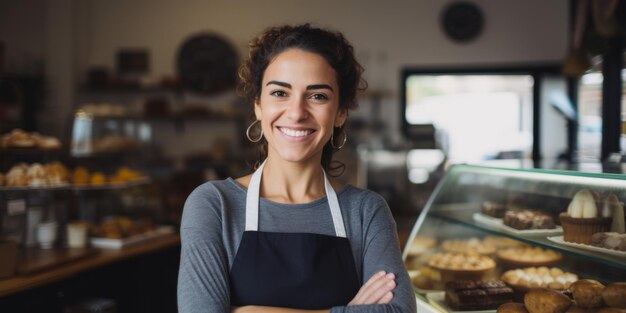 Una mujer joven en uniforme está de pie en la entrada de su panadería en una postura de bienvenida AI generativa