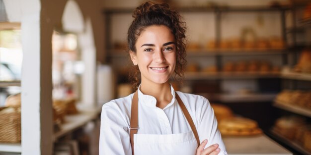 Una mujer joven en uniforme está de pie en la entrada de su panadería en una postura de bienvenida AI generativa