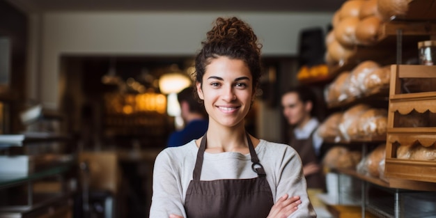 Una mujer joven en uniforme está de pie en la entrada de su panadería en una postura de bienvenida AI generativa