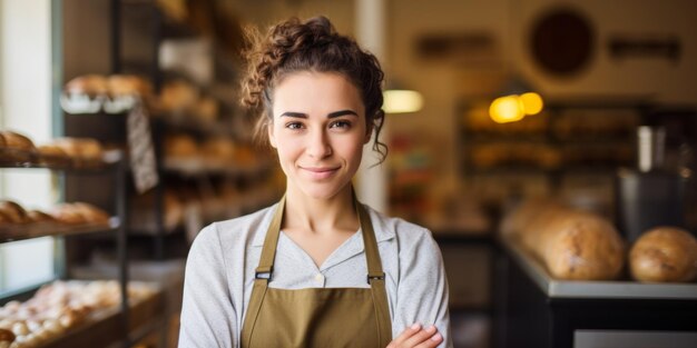 Una mujer joven en uniforme está de pie en la entrada de su panadería en una postura de bienvenida AI generativa