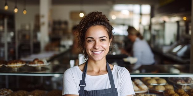Una mujer joven en uniforme está de pie en la entrada de su panadería en una postura de bienvenida AI generativa