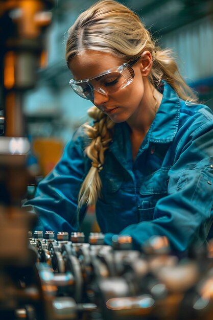 Mujer joven con uniforme y gafas de seguridad trabajando con una máquina en una fábrica