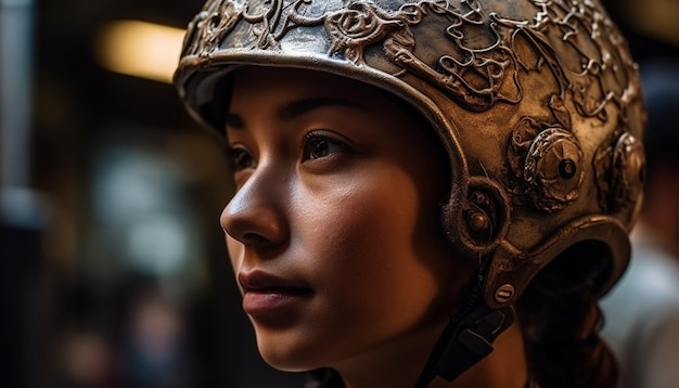 Mujer joven en uniforme militar sonriendo con confianza generada por IA