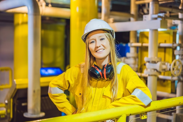 Mujer joven en un uniforme de trabajo amarillo, gafas y casco en una plataforma de aceite ambiental industrial o