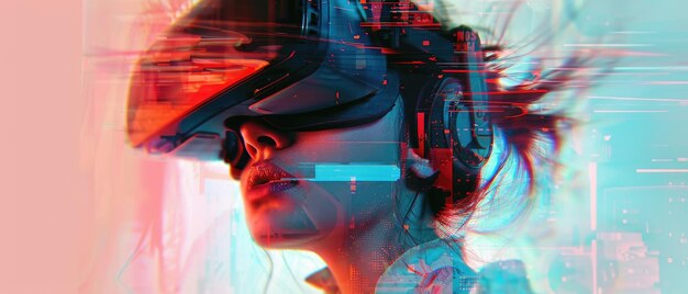 Foto mujer joven usa gafas de realidad virtual en fondo abstracto belleza niña jugando auriculares futuristas para realidad virtual concepto de tecnología metaverso arte moda futuro digital