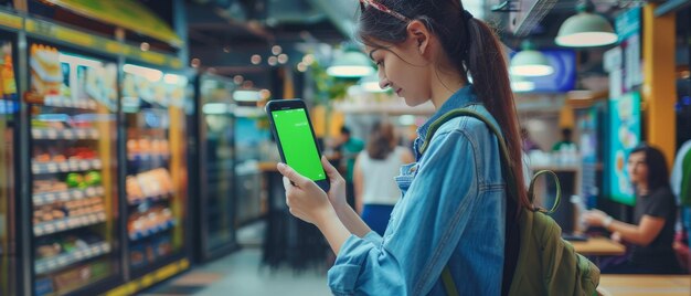 Una mujer joven usa su teléfono inteligente de pantalla verde para hacer un pago sin contacto por comida gourmet de la calle