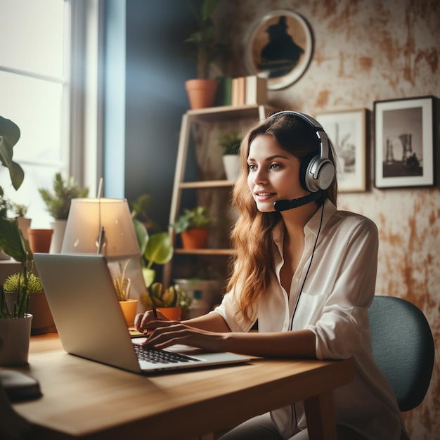 Mujer joven usando audífonos y usando una computadora portátil en casa