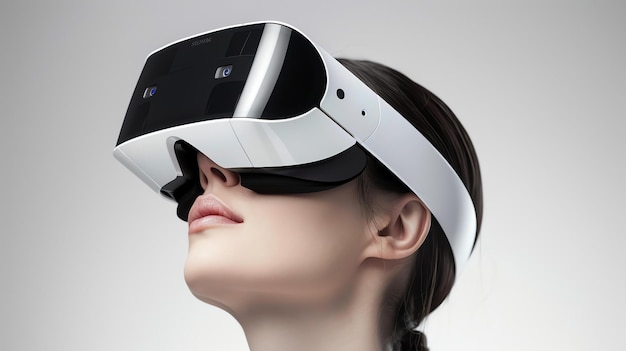 Mujer joven usando un auricular de realidad virtual Ella está mirando algo en el mundo virtual El auricular es blanco y negro