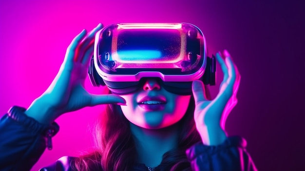 Mujer joven usando auriculares de realidad virtual sobre un fondo púrpura Concepto de tecnología futura