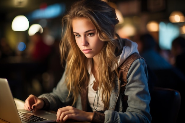 Mujer joven usando una computadora portátil en un café