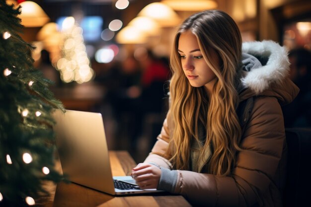 Mujer joven usando una computadora portátil en un café