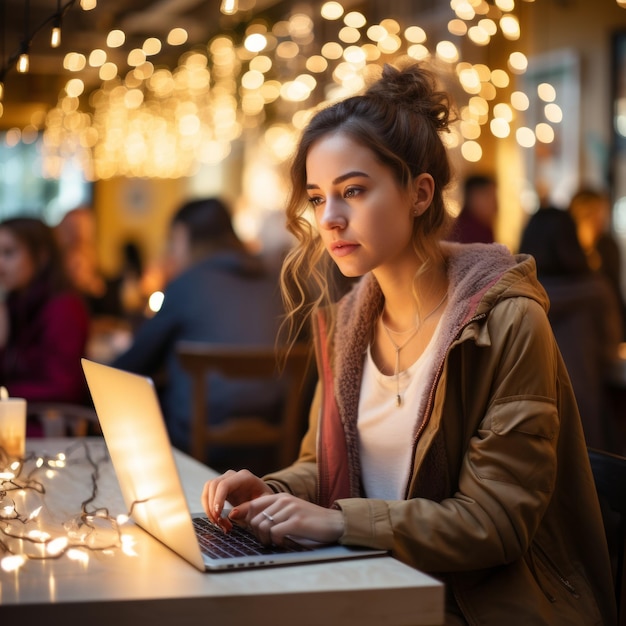 Mujer joven usando una computadora portátil en un café