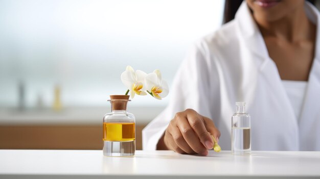 Mujer joven usando un suero corporal hecho de extractos naturales de flores