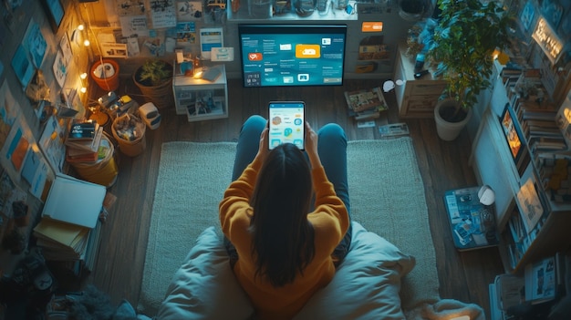 Mujer joven usando una tableta digital en casa