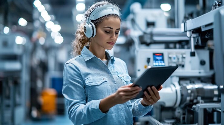 Mujer joven usando una tableta mientras usa auriculares en una instalación industrial moderna en el trabajo